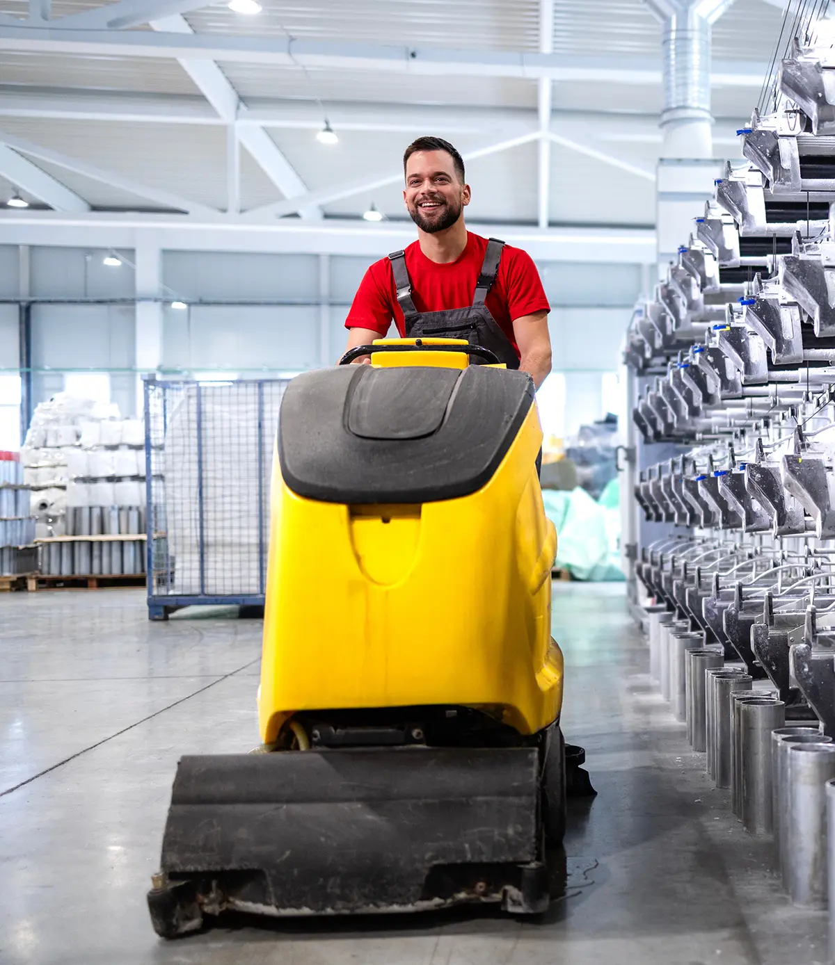 Professioneller Reinigungskraft, der eine industrielle Bodenreinigungsmaschine in der Fabrik bedient. Gewerbereinigung in Hannover