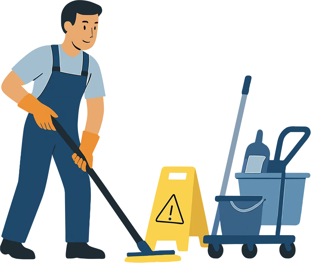 Gruppe von professionellen Reinigungskräften in Uniform, die verschiedene Reinigungsaufgaben mit Geräten wie Mopps und Staubsaugern ausführen.